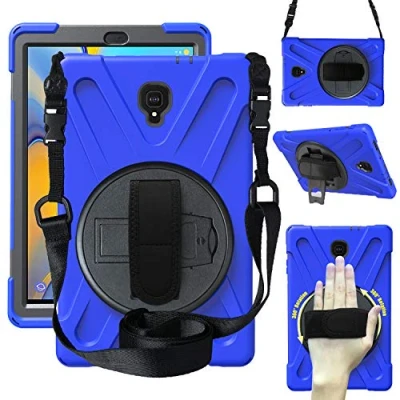 Image of CWNOTBHY Case Fit for Samsung Galaxy Tab A 10.5 2018 SM T590/T595, Hybrid Three Layer Heavy Duty Shockproof Protective with Hand Strap, Shoulder Strap &amp; 360 Rotating Kickstand (Dark Blue)