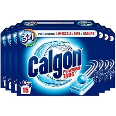 Image of Calgon 4 in 1 Washing Machine Cleaner and Water Softener Tablets, Removes Limescale &amp; Odours, Deep Clean, Units: 15 Pack of 7 (Packaging May Vary)