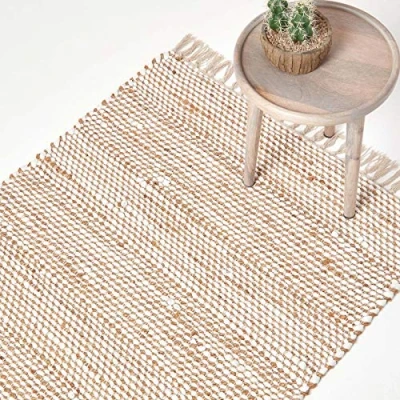 Image of HOMESCAPES Chevron Rug Handwoven Natural Hemp Chindi ‘Horizon’ Herringbone Pattern Rug, 160 x 230 cm