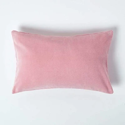 Image of HOMESCAPES Pink Velvet Cushion Cover Super Soft Cotton Luxury Scatter Rectangle Plain Dusky Accent Throw Pillow for Sofa and Bed Decoration with Hidden Zipper, 30 x 50 cm