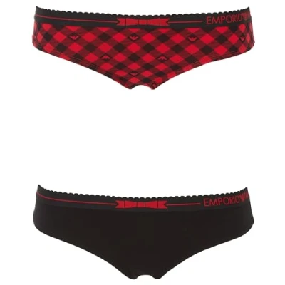 Image of Emporio Armani Women&#039;s Tartan Christmas Cotton 2 Pack Brief Underwear, Vichy Rosso/Nero, S