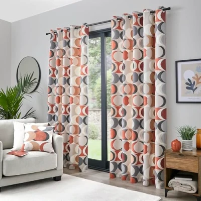 Image of Fusion Spice Orange Retro Vector Circle Curtains W90 x L72 (229 183cm) 2x Panels 100% Cotton Geometric Eyelet in Terracotta Crescent &amp; Drapes for Bedroom/Living Room