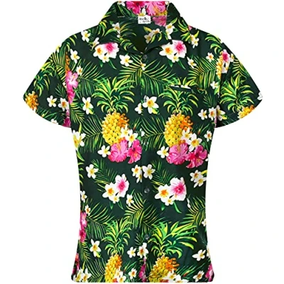Image of King Kameha Funky Hawaiian Blouse Shirt, Shortsleeve, Print Pineapple Flowers, Petrolgreen, XL