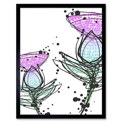 Image of Wee Blue Coo Scottish Thistle Head Flowers Ink Drip Art Print Framed Wall Decor 9X7 inch