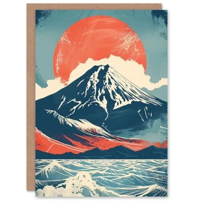 Image of Artery8 Mount Fuji Sun Japanese Bold Artwork Blue Orange Greeting Birthday Card Him Her All Blank