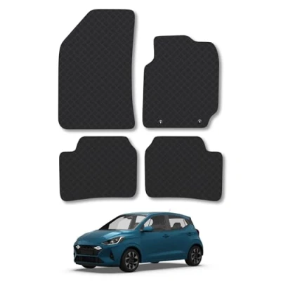 Image of Rubber Car Mats Compatible with Hyundai I10 (2020 ) Tailored Fit Floor Set Accessory Black Custom 4 Pieces Clips Anti Slip Backing, Heavy Duty &amp; Waterproof
