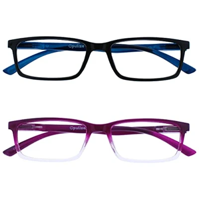 Image of OPULIZE See Reading Glasses 2 Packs with Blue Light Blocking Narrow Frame Spring Hinges Improve Sleep Computer Gaming Black Purple Mens Womens BB9 15 +3.50