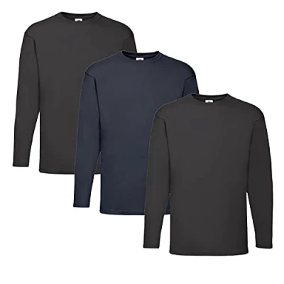Image of Fruit of the Loom Men&#039;s Long Sleeved Valueweight Tee Sports Top, 2 Black + 1 Deep Navy Hlkauf Notepad, M