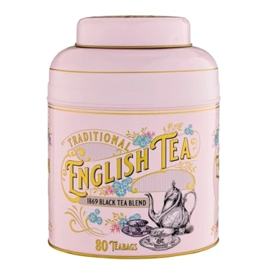 Image of New English Teas Vintage Victorian Pink Tea Caddy with 80 1869 Blend Black Teabags