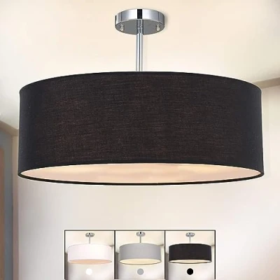 Image of SPARKSOR Ceiling Light, Modern Fabric Pendant Light Shade, Large Black Drum Lampshade, Round Lamp, for Bedroom Living Room, Flush Chrome Matt, 3 Bulb, E27