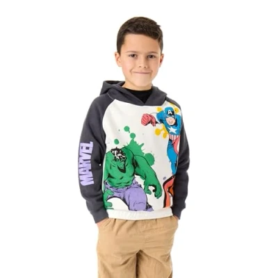 Image of Marvel Avengers Boys Hoodie Kids Two Tone Superhero Graphic Hooded Sweatshirt in Grey Captain America The Incredible Hulk Watercolour Comic Book Apparel Film Movie Art Merchandise Gift