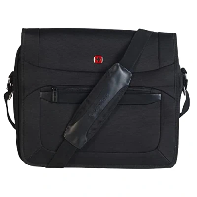 Image of Wenger W73012292 Business Messenger Bag with Shoulder Strap, Padded Laptop Tablet Computer Pocket, Suitcase Handle Slot, Great for Transporting From Home to Office, Extra Pockets, 16 inches, Black