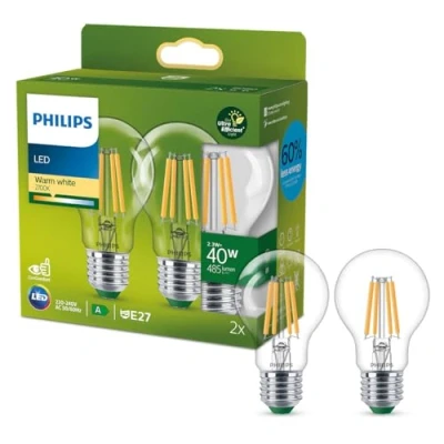 Image of Philips Ultra Efficient Energy Saving Lights, 40W, E27, A60, Clear Glass, Warm White Light, 2700 Kelvin, Non dimmable, 2 Pack