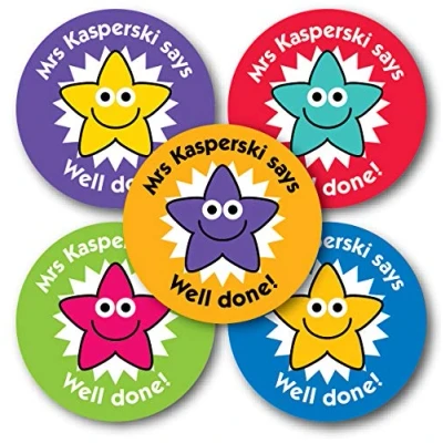 Image of Personalised Smiley Star Teacher Reward Stickers. Your Name says Well Done! Designed &amp; Made by The Sticker Factory