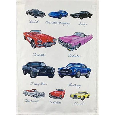 Image of Half a Donkey Hand Drawn Great American Cars Collection Large Cotton Tea Towel