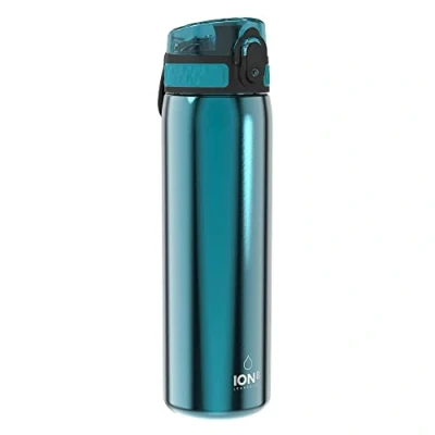Image of Ion8 Steel Water Bottle, 600 ml/20 oz, Leak Proof, Easy to Open, Secure Lock, Hygienic Flip Cover, Fits Cup Holders, Carry Handle, Durable, Carbon Neutral, Metallic Aqua