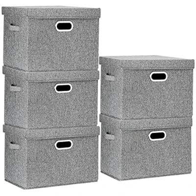 Image of TYEERS Large Storage Box with Lid, Collapsible, Washable, Fabric for Clothes, Wardrobe Storage, 44x30x29 cm, Set of 5, Grey