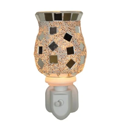 Image of Cello Silver Mosaic Plug In wax Melt burner &amp; oil Burner. The electric, glass and creates a stunning design when lit as well releasing fragrance around your home.
