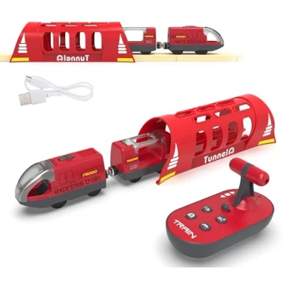 Image of Toy Train Set Remote Control Locomotive Train, Motorized for wooden track, Electric and Tunnel with Sound &amp; Lighting Effect, Magnetic Trains Compatible Thomas, Brio, Chuggington
