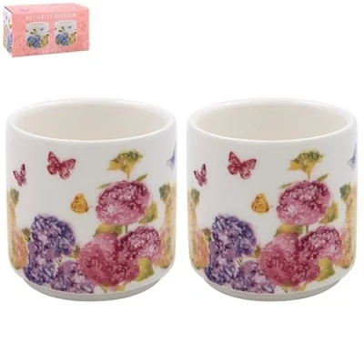 Image of LESSER &amp; PAVEY 2pc Ceramic Boiled Egg Cups Server Holder Fine China Butterfly Blossom Floral