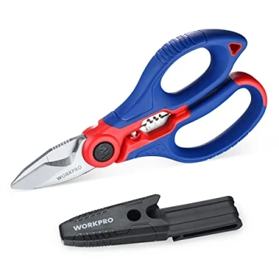 Image of WORKPRO Electricians Scissors with Wire Stripper, 6 1/2 INCH(163MM), Multi Function Stainless Steel Shears Belt Clip Sheath