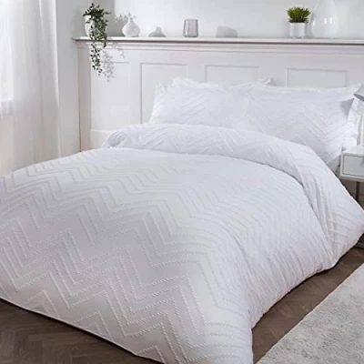 Image of Sleepdown Tufted Wave Stripe Nordic Geo White Soft Cosy Easy Care Luxury Duvet Cover Quilt Bedding Set with Pillowcases King (230cm x 220cm)