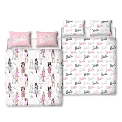Image of Character World Barbie Official Double Childs Duvet Cover Set Figures Design Reversible 2 Sided Teens Bedding Including Matching Pillow Cases Polyester Quilt Cover, Pink