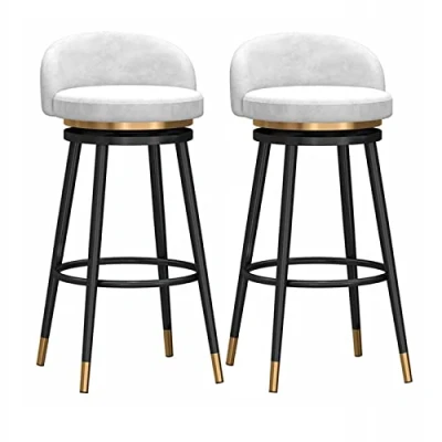 Image of AZMANI Swivel Bar Stools Set of 2 Counter Height with Back, Farmhouse Kitchen Breakfast Stools, 360 Swivel, Velvet Upholstered Seat, Gold Metal Legs,White,65cm(25.59in)