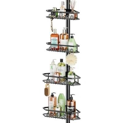 Image of Mutool Adjustable Telescopic Shower Caddy, Corner Shelf with 4 Shelves, No Drilling Bathroom Storage Organizer for Bathtub Tub Shampoo,Black
