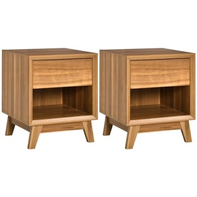 Image of HOMCOM Modern Bedside Table Nightstand, Living Room End Table, Side with Drawer and Shelf, Set of 2, Walnut Brown