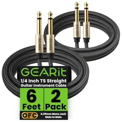 Image of GearIT Guitar Instrument Cable (6ft 2 Pack) 1/4 inch to TS Straight Male 6.35mm Mono Jack with Alloy Connector and Nylon Braid