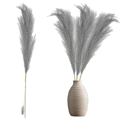 Image of 2Pcs 100cm Prelit Grey Pampas Grass Stem, Warm White LEDs Battery Operated Christmas Artificial Flowers for Boho Wedding Bedroom Living Room Decorations