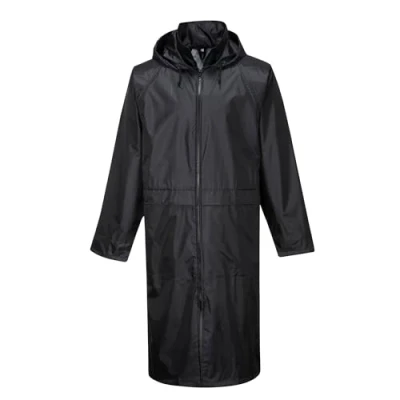Image of Portwest S438 Men&#039;s Waterproof Raincoat Lightweight Long Rain Jacket with Hood and Pockets Black, Medium