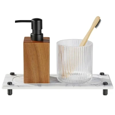 Image of Navaris Instant Dry Sink Organiser Fast Drying Stone Caddy Bathroom or Kitchen Tray with Stainless Steel Feet Hold Soaps &amp; Bottles White Marble