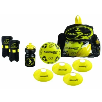 Image of Kickmaster Backpack Football Training Set Complete Package with Size 4 Ball, Shin Pads, Drinks Bottle, and Flexi Cones