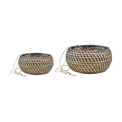 Image of Ivyline Set of 2 Hanging Seagrass Planters in Navy Waterproof and Handmade Indoor Basket for Houseplants Small D14cm Large D16cm