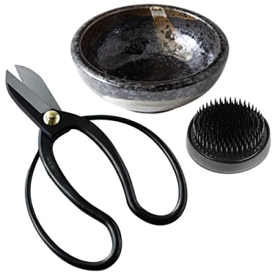 Image of Wazakura Ikebana Floral Arrangement Tools Kit Koryu Flower Scissors, Black Kenzan, Minoyaki Ceramic Vase Made in Japan