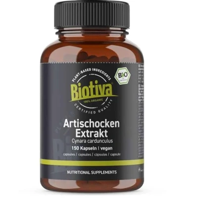 Image of Biotiva Artichokes Extract Organic 300 (2x150) Capsules from Fresh Artichoke Leaves high dose with 10 20:1 Ratio Minimum 2,5% Cynari Packed in Germany Vegan