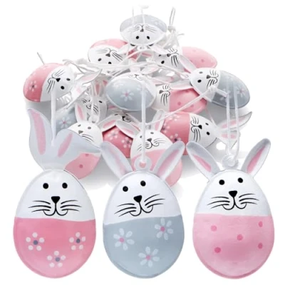 Image of com four® 12x Easter decoration hanger bunny in egg shape made of metal to hang on bush, tree, door and window (gray + pink)