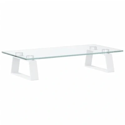 Image of vidaXL Computer Display Stand in White: Metal and Tempered Glass Construction, Ergonomic Design, Slow Rounded Corners Integrated Storage Space Compact Modern Monitor Riser
