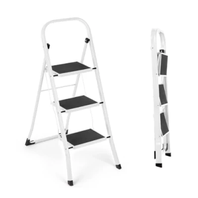 Image of 3 Step Ladder, Portable Folding Ladder Lightweight Sturdy Steel with Anti Slip Feet, Easy to Store Stools for DIY and Gardening, 150kg Capacity, White