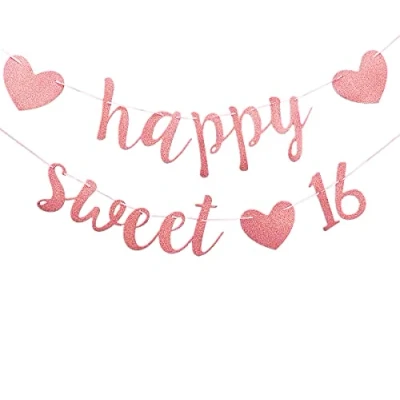 Image of bng 16th Birthday Banners For Girls Decorations Happy Sweet 16 Banner Glittery Bunting Garland Sign Sixteen Party Decoration Rose Gold