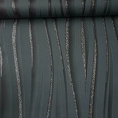 Image of SOPHIE LAURENCE Luxury 3D Glitter Sparkle Textured Wave Stripe Vinyl Charcoal Black Wallpaper for Living Room Bedroom