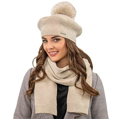 Image of Vivisence Elegant Women&#039;s Winter Set Including Beret with Pompom and Matching Scarf Made of Warm Fabric Perfect for Cold Autumn Days, Beige,UNI