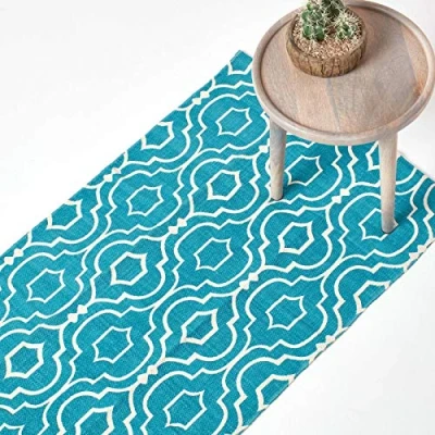 Image of HOMESCAPES Geometric Printed Hallway Runner &#039;Riga&#039; 100% Cotton Teal &amp; White Contemporary Rug, 66 x 200 cm
