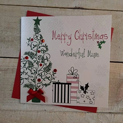 Image of White Cotton Cards Merry Wonderful Mum Handmade Christmas Card (Tree &amp; Presents Code fp13)