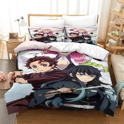 Image of GDEKCIEAS New Anime Demon Slayer Teens Bedding Set,3Pcs Duvet Cover with Zipper Closure,Lightweight Microfiber Comforter Quilt for Boys,Girls,Kids,Adults,Breathable,Easy Care Single（140x200cm）