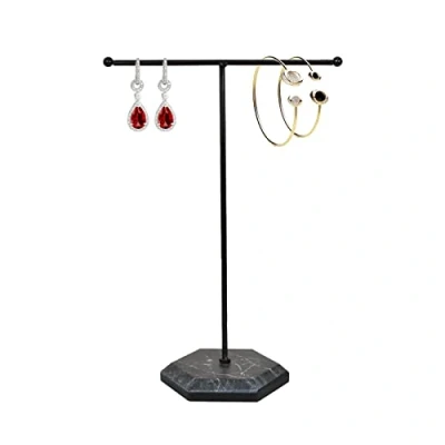 Image of Jewellery Organiser Stand, T Bar Necklace Display Stand Earrings Holder, Metal Hanging Pendant Rack with Marble Pattern Tray, Jewelry for Bracelets Rings Keys Watches (Black)
