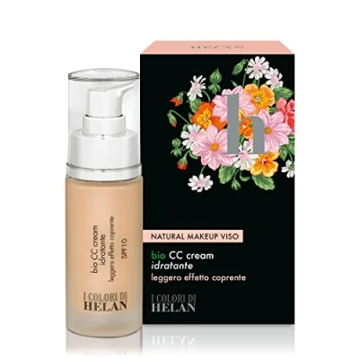 Image of Helan I Colori Natural, Moisturising &amp; Lightweight Bio CC Cream Spf 10 with Hyaluronic Acid Shea Butter, Bright Uniform Makeup Light Mattifying Coverage Foundation Made in Italy, Soy, 30 ml