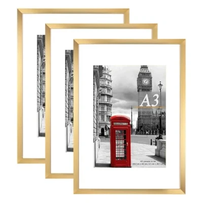 Image of Scholar Tree Gold Photo Frame Picture Frames, A3 with Mat for A4 Mount Picture, Set of 3, Wall Mountable